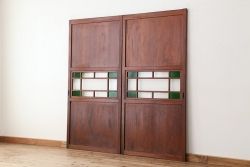 古民具・骨董　古いお屋敷の色ガラス入り帯戸2枚セット(ガラス帯戸、ダイヤガラス/モールガラス/引き戸)(ガラス戸)