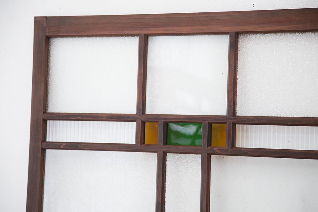 大正ロマン　古い木の色ガラス引き戸ガラス戸2枚セット(建具/ダイヤガラス/モールガラス/結霜ガラス)
