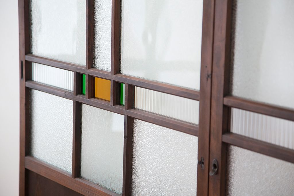大正ロマン　古い木の色ガラス引き戸ガラス戸2枚セット(建具/ダイヤガラス/モールガラス/結霜ガラス)