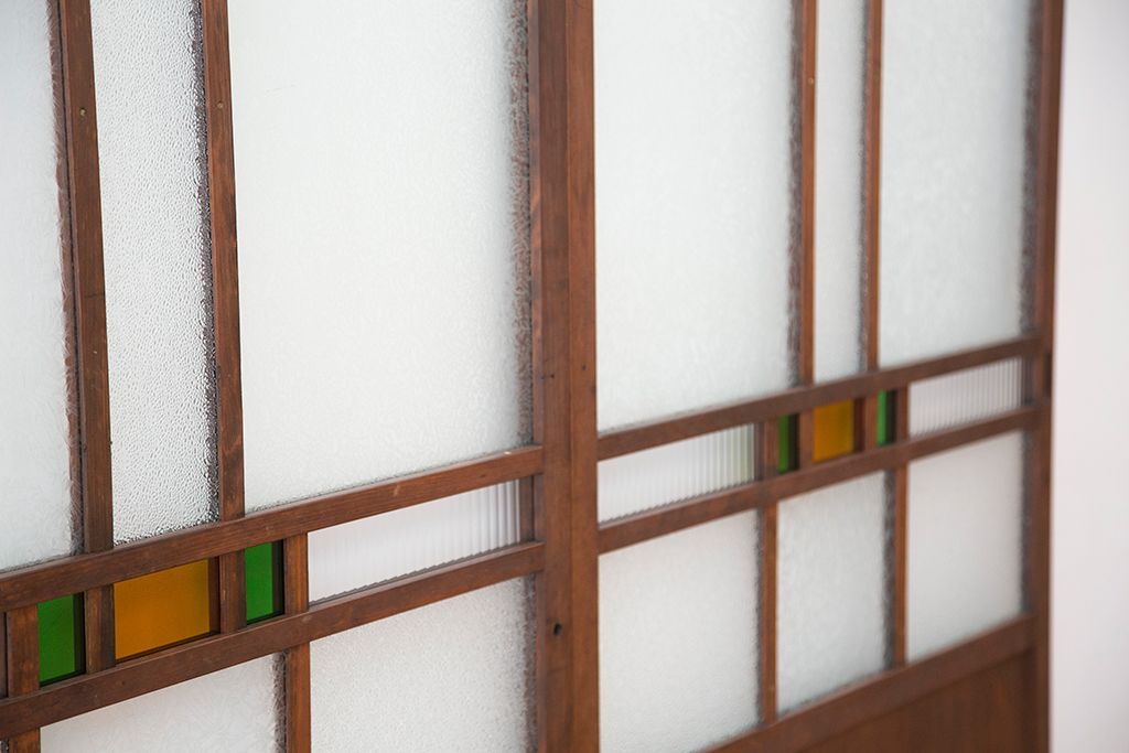 大正ロマン　古い木の色ガラス引き戸ガラス戸2枚セット(建具/ダイヤガラス/モールガラス/結霜ガラス)