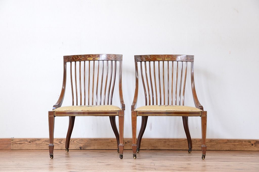 アンティーク家具　イギリスアンティーク　象嵌チェア(椅子、イス)　2脚セット(ジャンク)