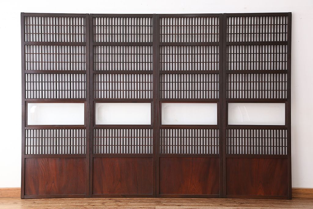 古民具・骨董　腰板欅材の裏障子付き格子戸　4枚セット