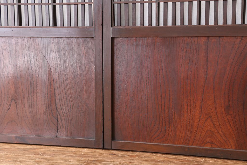 古民具・骨董　腰板欅材の裏障子付き格子戸　4枚セット