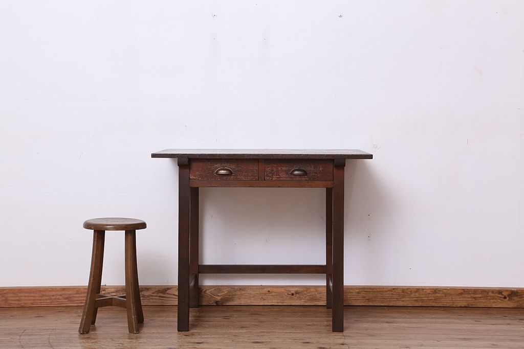 アンティーク家具　アンティーク　古い木の使い込まれた平机(テーブル・作業台)(2)
