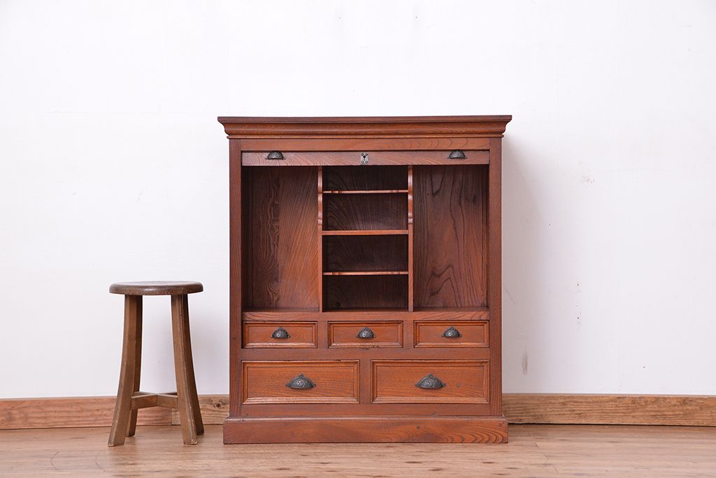 アンティーク家具　アンティーク　総欅材!希少!特注品!　シャッター扉付き戸棚(収納棚、蛇腹)