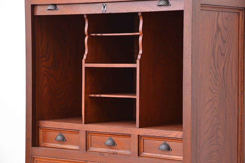 アンティーク家具　アンティーク　総欅材!希少!特注品!　シャッター扉付き戸棚(収納棚、蛇腹)