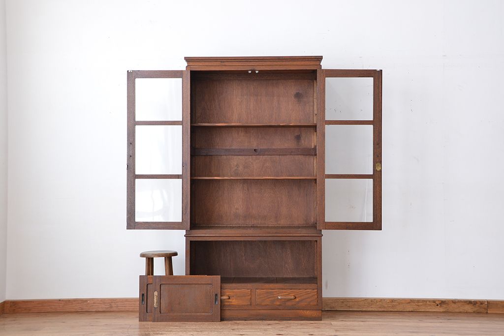 レトロ家具　昭和レトロ　古い木の二段重ね縦型本箱(収納棚/ブックケース)