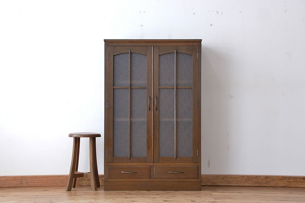 レトロ家具　昭和レトロ　古い木のダイヤガラス扉　本箱(ブックケース/収納棚)
