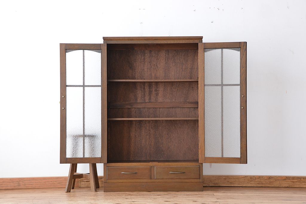 レトロ家具　昭和レトロ　古い木のダイヤガラス扉　本箱(ブックケース/収納棚)