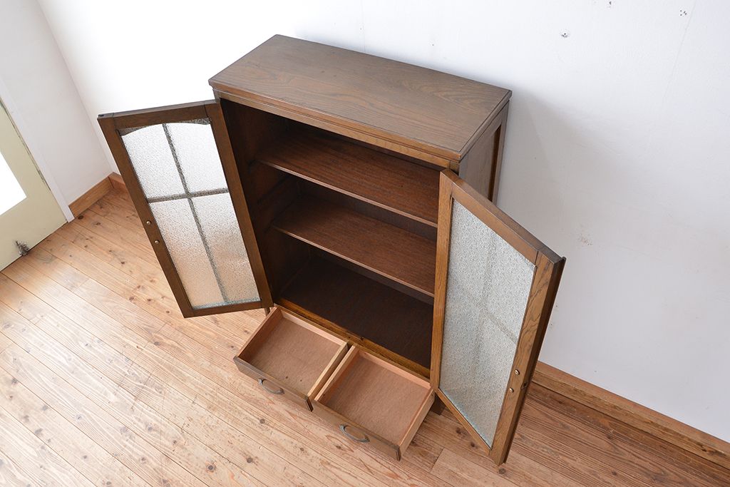 レトロ家具　昭和レトロ　古い木のダイヤガラス扉　本箱(ブックケース/収納棚)