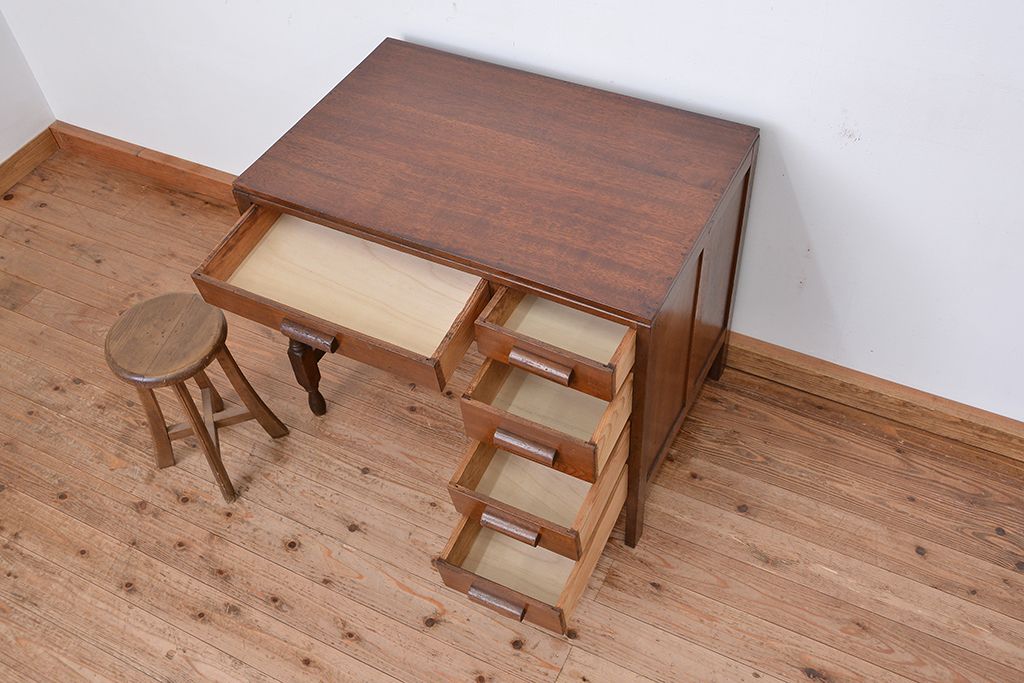 アンティーク家具　大正ロマン　古い木のアンティーク片袖机(テーブル、デスク、在宅ワーク、在宅用)