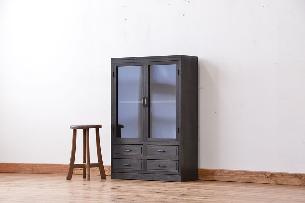 アンティーク家具　アンティーク　古い木のシックなシンプルガラス本箱(収納棚、ブックケース)