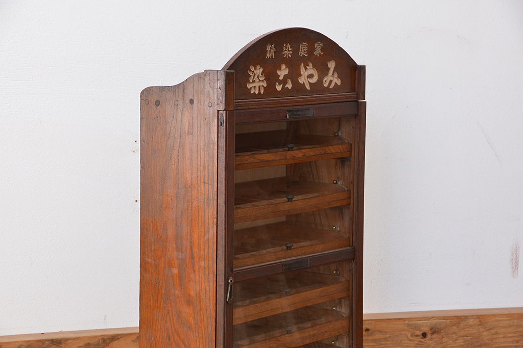 アンティーク雑貨　昭和レトロ　古いナラ材の糸ケース(ガラス収納棚、小引き出し、裁縫箱)