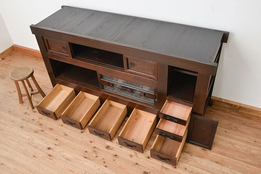 アンティーク家具　古民具・骨董　明治〜大正時代　変り型水屋箪笥サイドボード(食器棚・収納棚)
