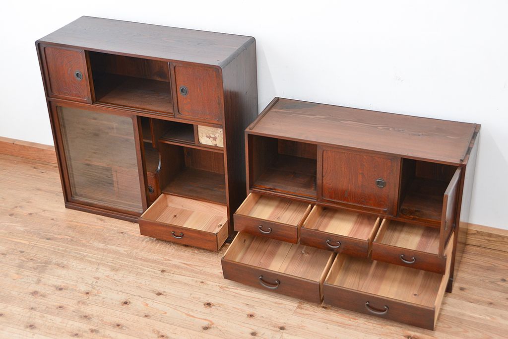 レトロ家具　昭和レトロ　二段重ね茶箪笥