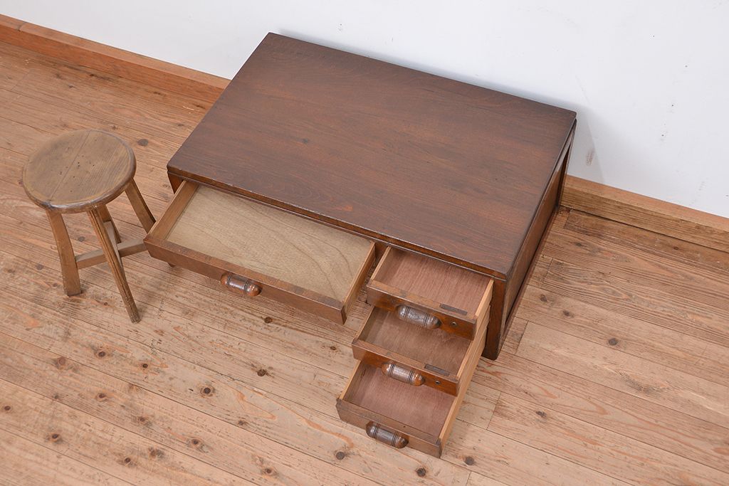 レトロ家具　昭和レトロ　古い木の片袖机(テーブル、作業台)