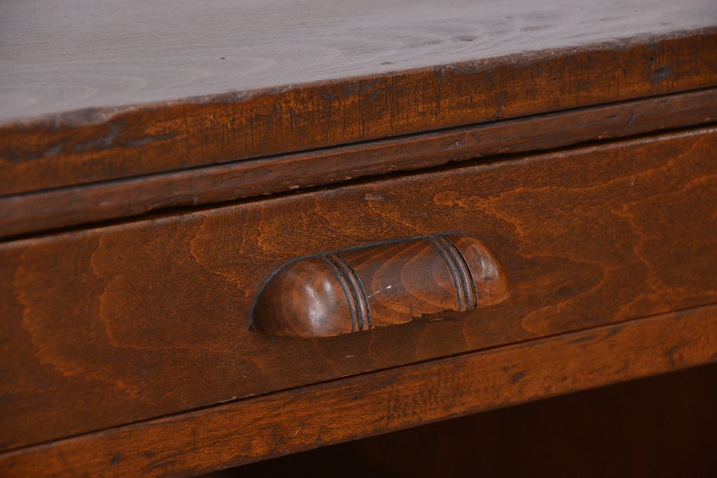 レトロ家具　昭和レトロ　古い木の片袖机(テーブル、作業台)