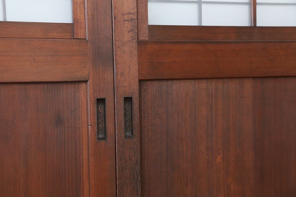 昭和レトロ　状態の良い格子入り変わり型ガラス板戸4枚セット(1)(ガラス戸、ガラス帯戸)