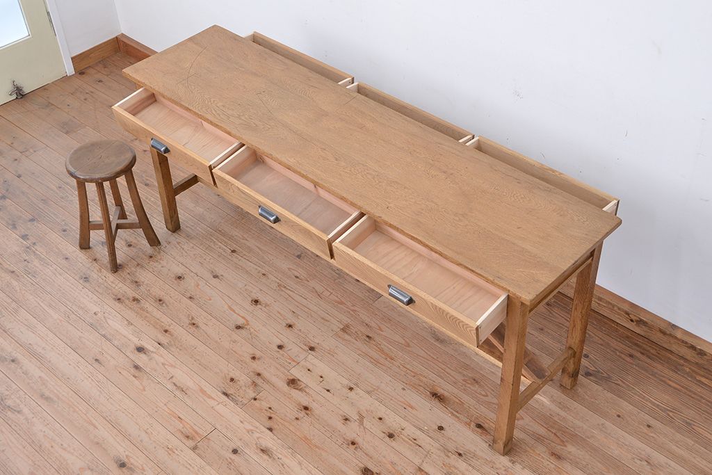 アンティーク家具　アンティーク　両面引き出し!古い木の横長作業台(机・テーブル)