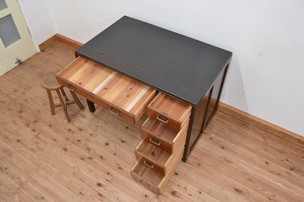 レトロ家具　昭和レトロ　レトロな使い込まれた片袖机(テーブル、作業台)