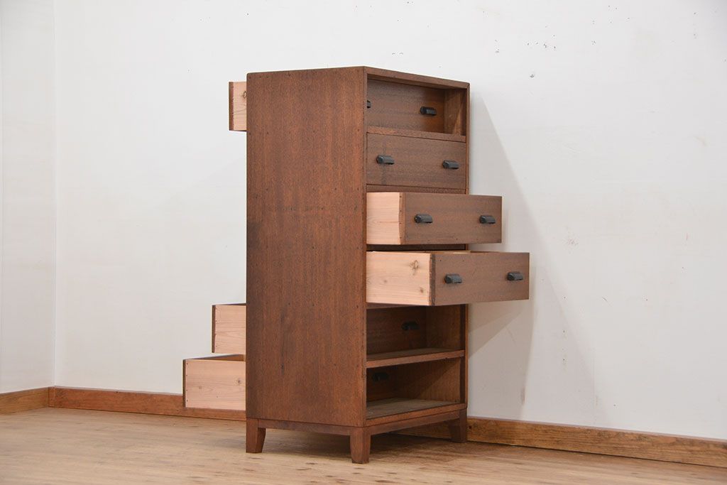 アンティーク家具　リメイク品　古材で制作した両面引き出し縦型チェスト(1)