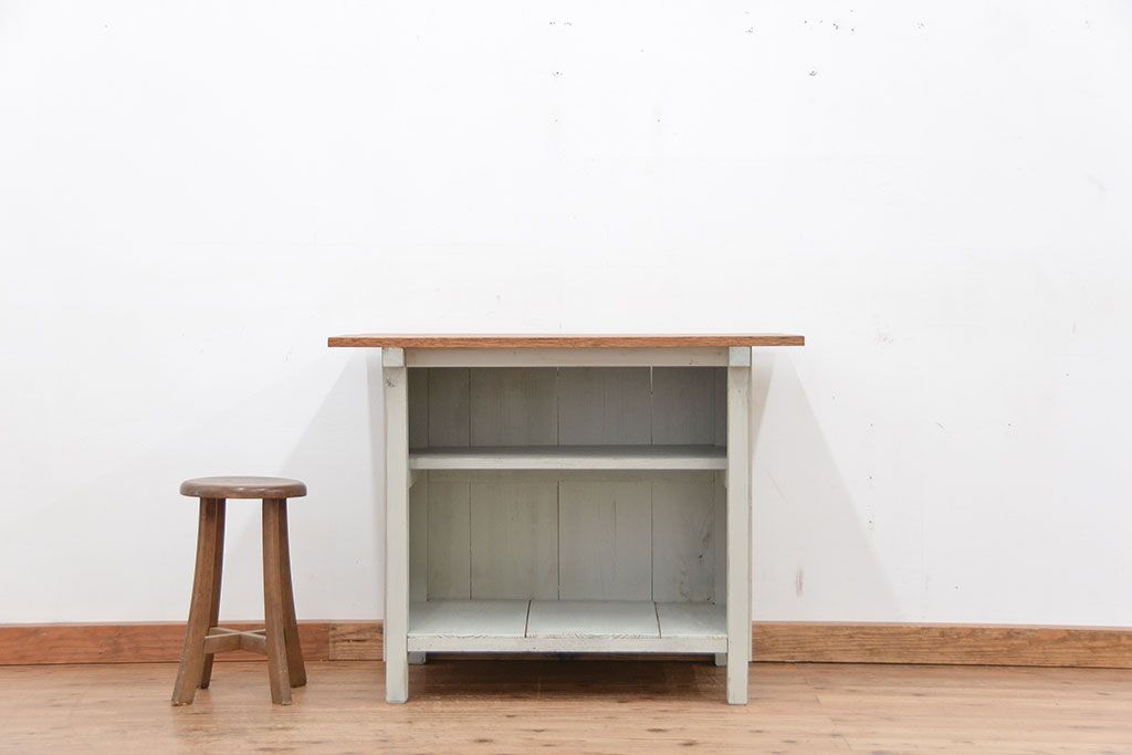 アンティーク家具　アンティークペイントのシンプルな作業台(テーブル、机)