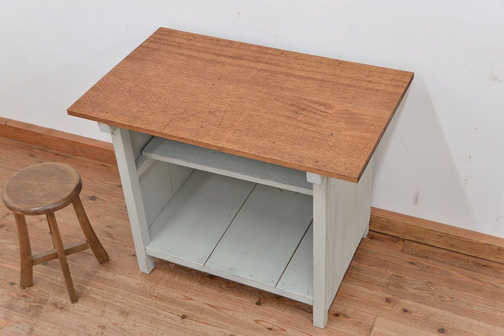 アンティーク家具　アンティークペイントのシンプルな作業台(テーブル、机)