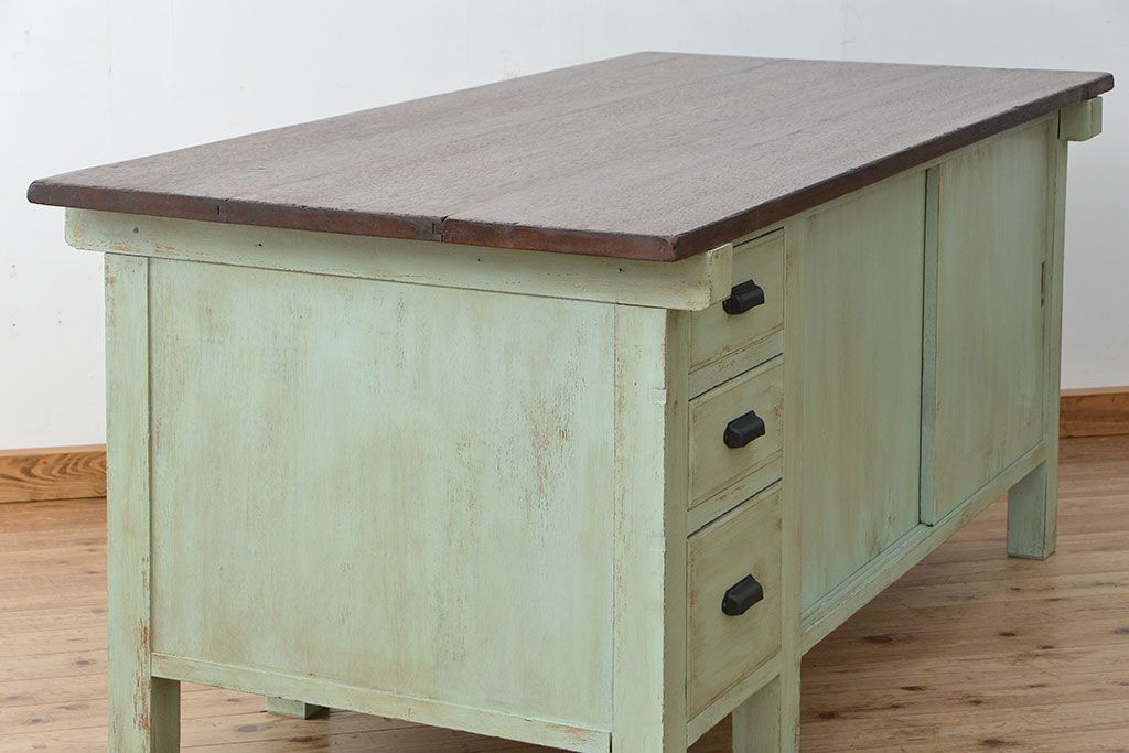 アンティーク家具　1970年頃 両面引き出し付きの大きな作業台(テーブル、机)