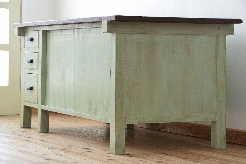 アンティーク家具　1970年頃 両面引き出し付きの大きな作業台(テーブル、机)