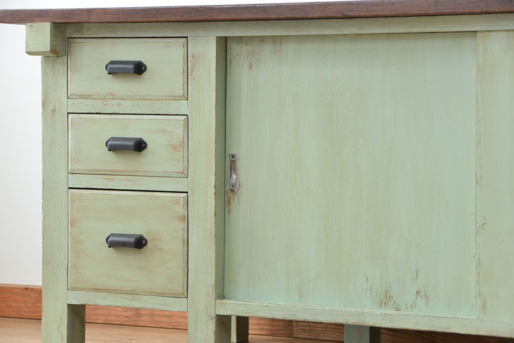 アンティーク家具　1970年頃 両面引き出し付きの大きな作業台(テーブル、机)