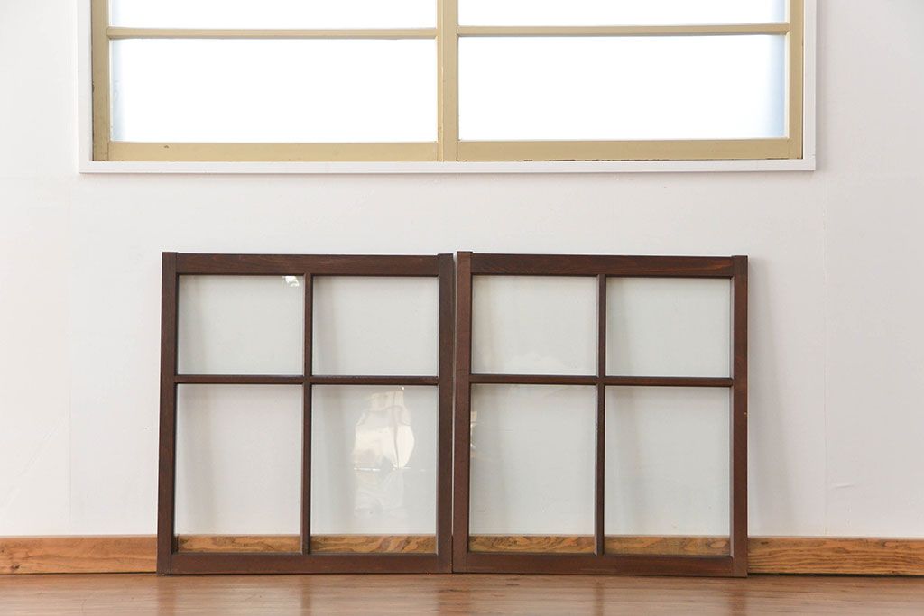 アンティーク 小振りなガラス戸2枚セット(建具、引き戸)　