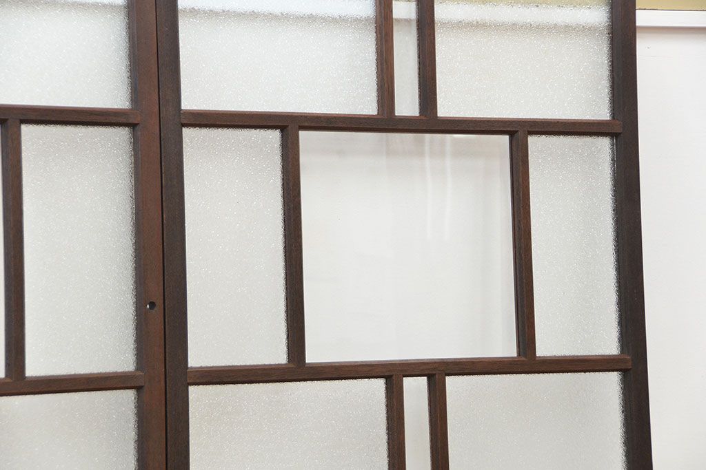 大正ロマン　ダイヤガラスと結霜ガラスのアンティークガラス戸2枚セット(引き戸・窓)