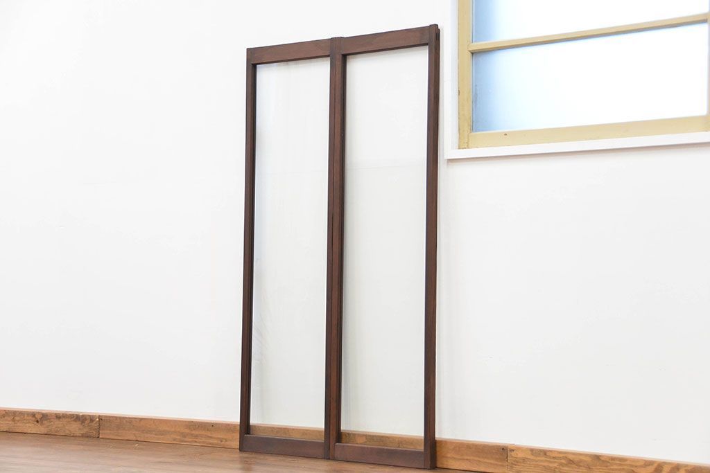 アンティーク シンプルな縦長ガラス戸2枚セット(引き戸、建具、窓)　
