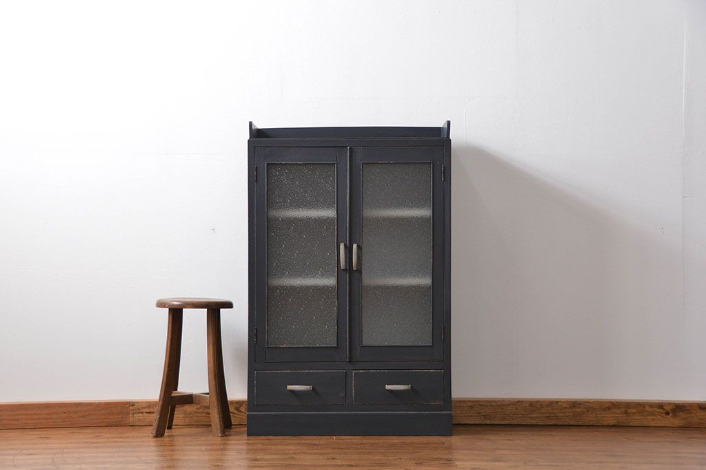 アンティーク家具　アンティークペイント　シックなダイヤガラス本箱(ブックケース、収納棚)