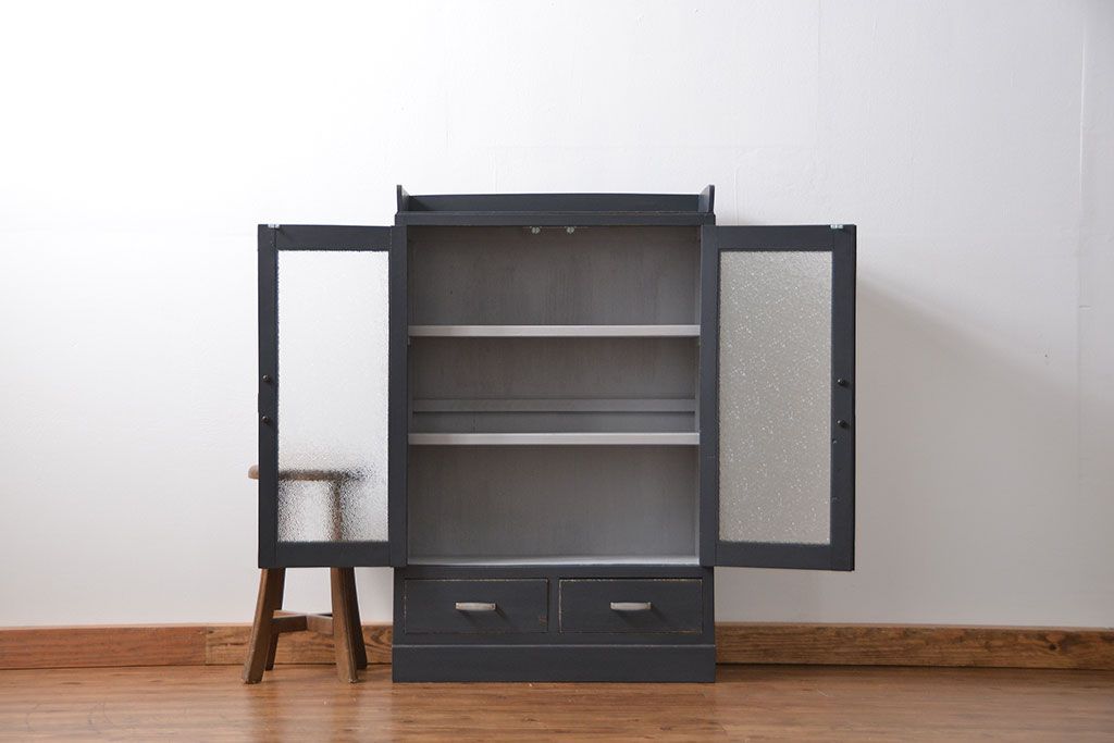 アンティーク家具　アンティークペイント　シックなダイヤガラス本箱(ブックケース、収納棚)