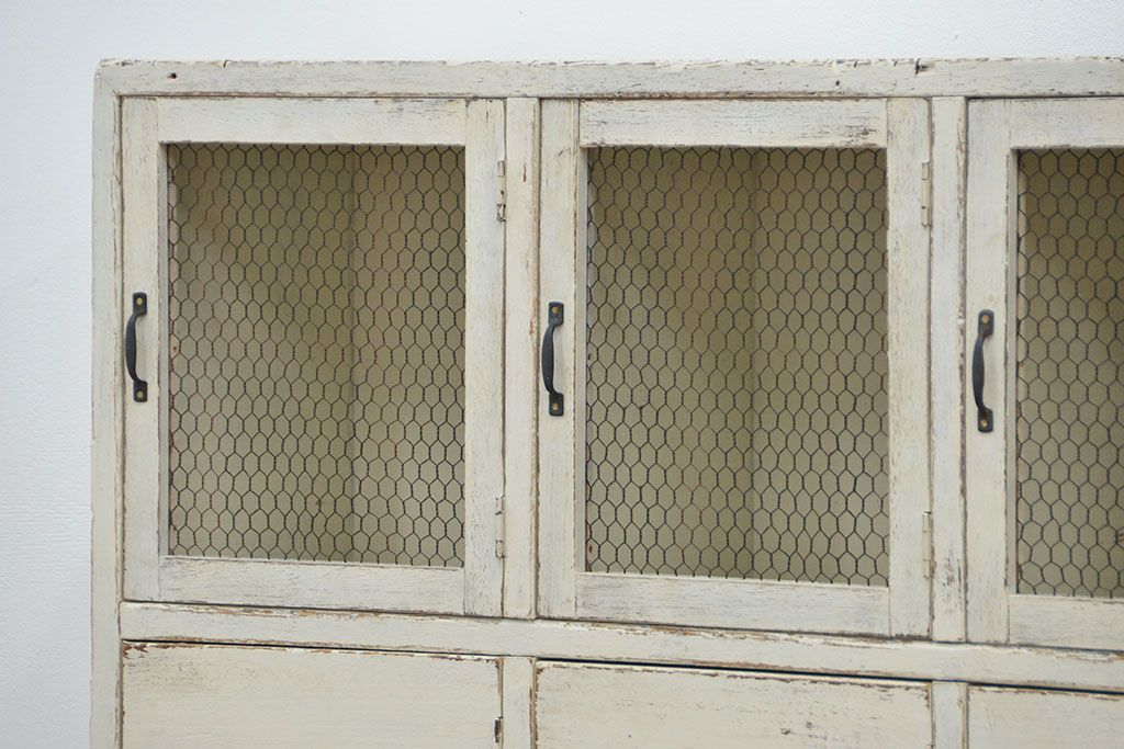 アンティーク家具　アンティークペイント仕上げ 金網扉付きのマス目棚(升目棚、本棚、飾り棚、収納棚)