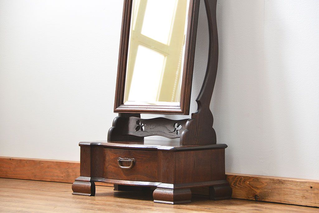 アンティーク家具 大正ロマン 古い欅(ケヤキ)材の上質な鏡台 