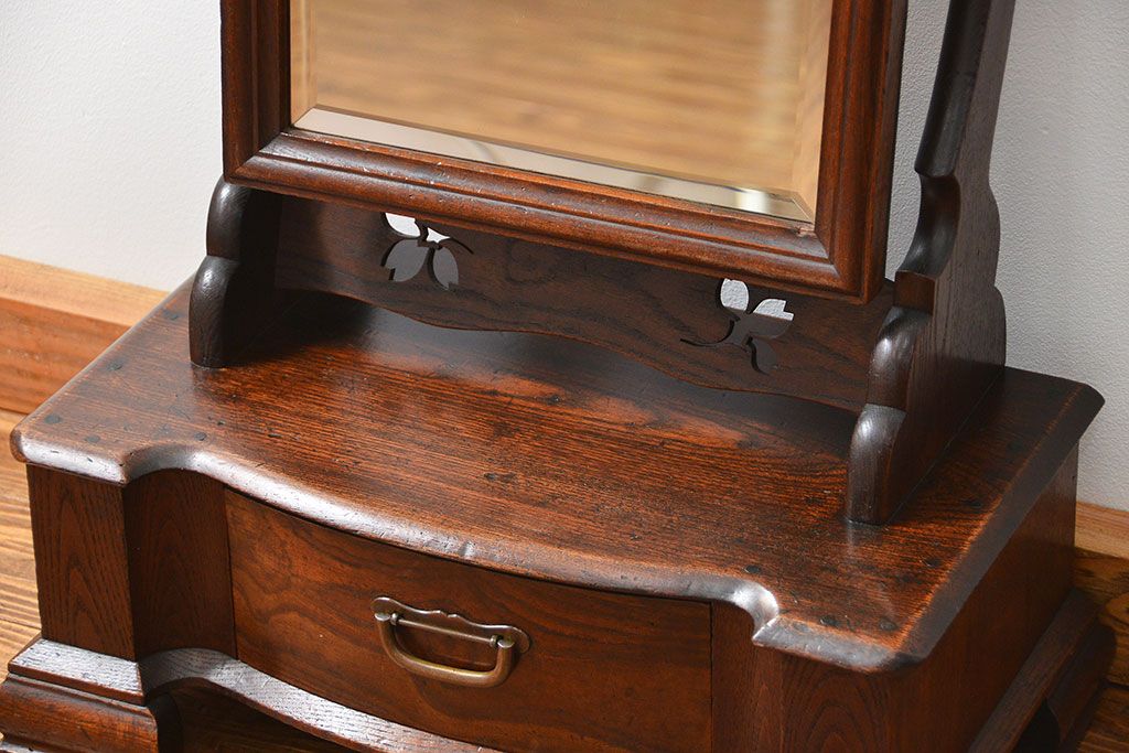 アンティーク家具 大正ロマン 古い欅(ケヤキ)材の上質な鏡台 