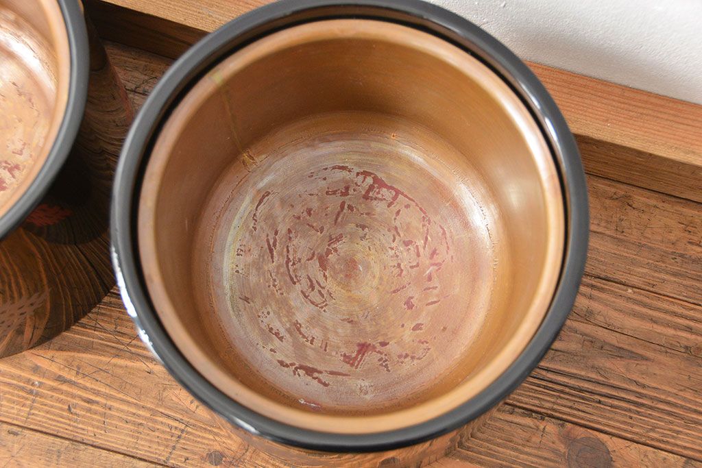 アンティーク雑貨　古い漆塗 火鉢 一対(箱、火箸、灰付き)