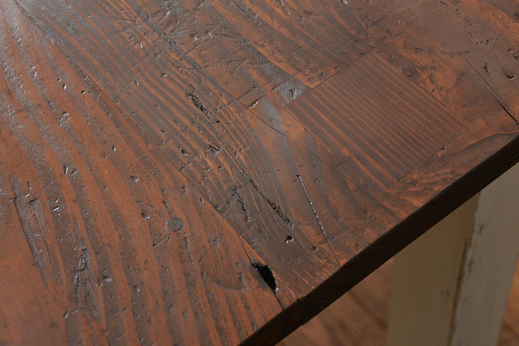 アンティーク家具　アンティークペイント 天板古材の両面引き出しダイニングテーブル(机、作業台)
