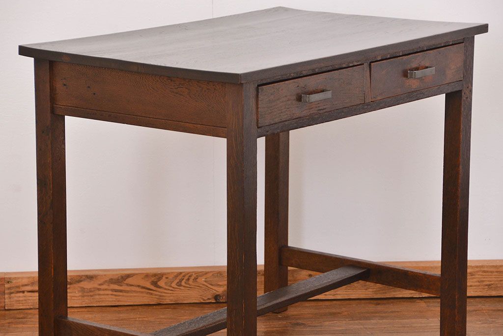 アンティーク家具　アンティーク 古いナラ材のシンプルな引き出し付き平机(テーブル、デスク、在宅ワーク、在宅用)　