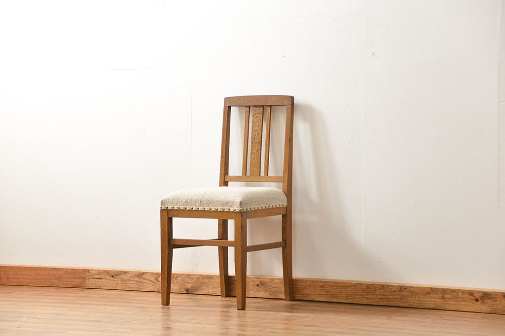 レトロ家具　アンティークリネン座面のレトロな椅子(4)(イス、チェア)