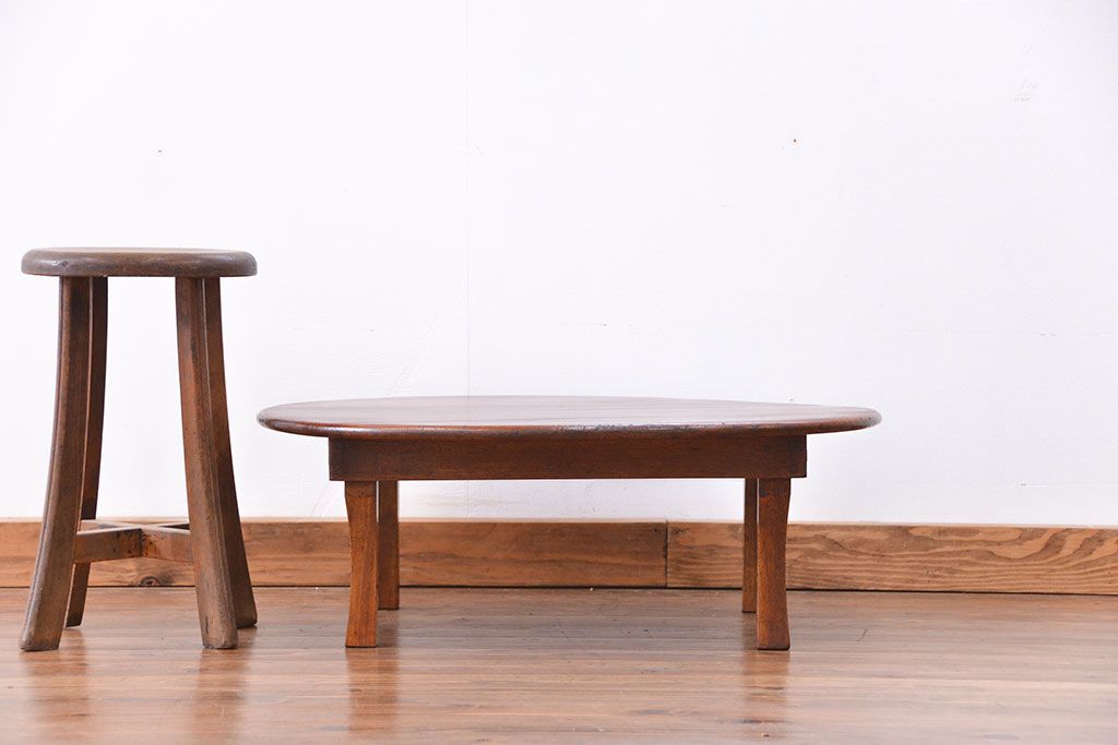 レトロ家具　昭和レトロ 古い栓材の杢目の美しい丸型ちゃぶ台(テーブル、デスク、在宅ワーク、在宅用)