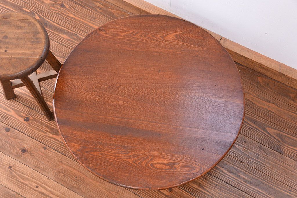 レトロ家具　昭和レトロ 古い栓材の杢目の美しい丸型ちゃぶ台(テーブル、デスク、在宅ワーク、在宅用)