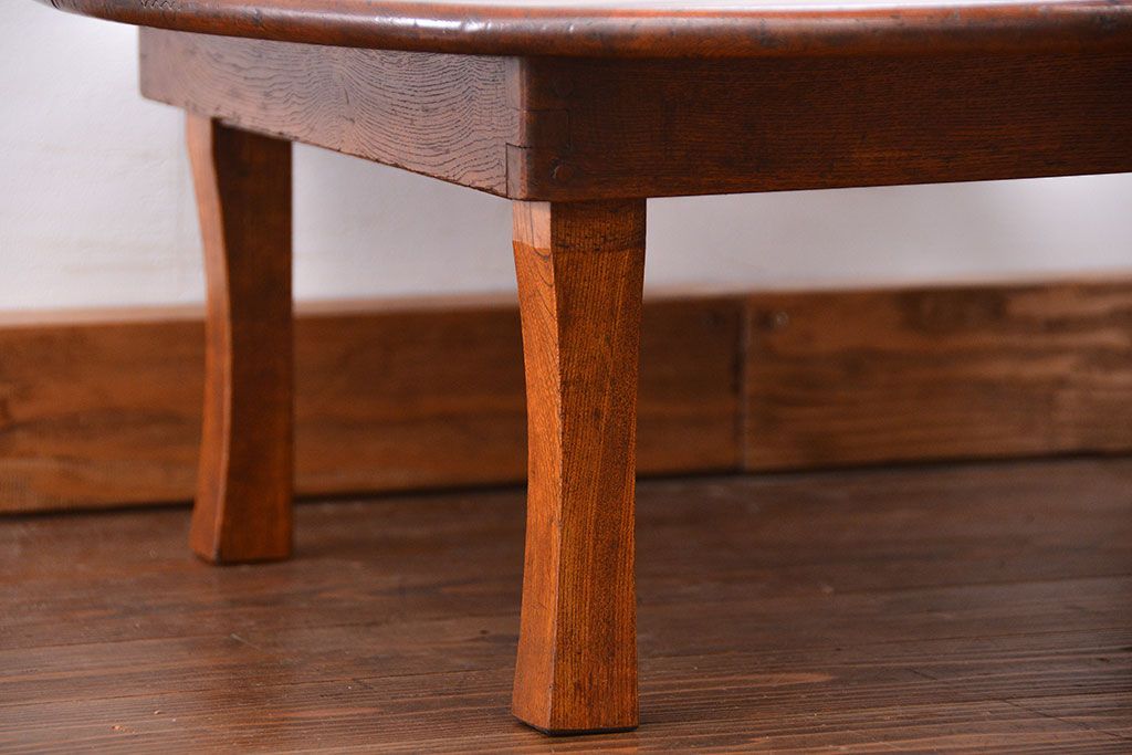 レトロ家具　昭和レトロ 古い栓材の杢目の美しい丸型ちゃぶ台(テーブル、デスク、在宅ワーク、在宅用)