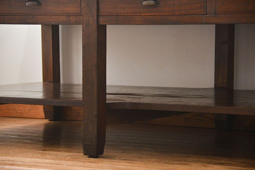 アンティーク家具　アンティーク 特大!古い学校の両面引き出し作業台(テーブル、デスク、机、在宅ワーク、在宅用陳列台)