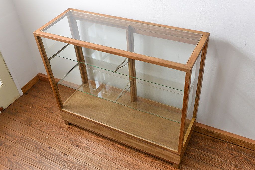 レトロ家具　昭和レトロ 古いナラ材のアンティークガラスケース(ショーケース、陳列棚)