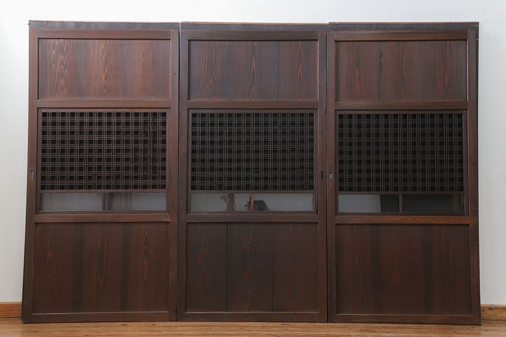古民具・骨董 使い込まれた組子入りの格子帯戸　3枚セット(引き戸、和風建具)