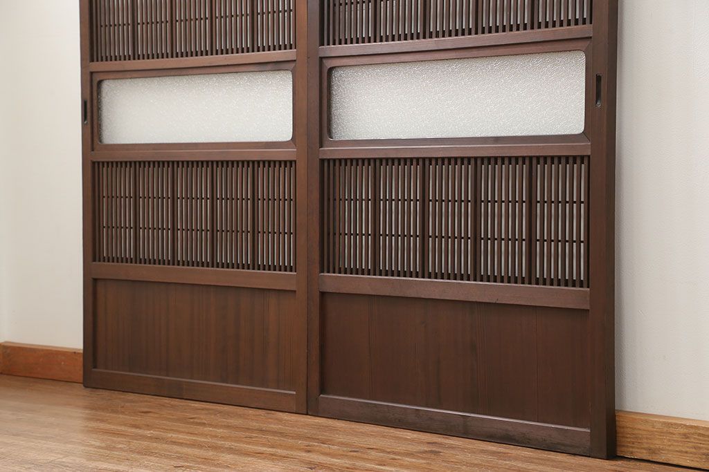 古民具・骨董 ダイヤガラス入りのアンティーク格子戸 2枚セット(裏障子付き)