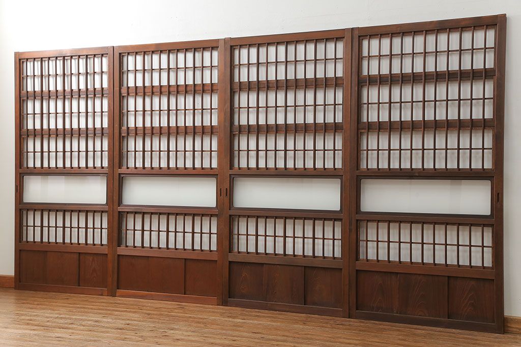 アンティーク 裏障子付きのスッキリとした格子戸 4枚セット(和風建具)